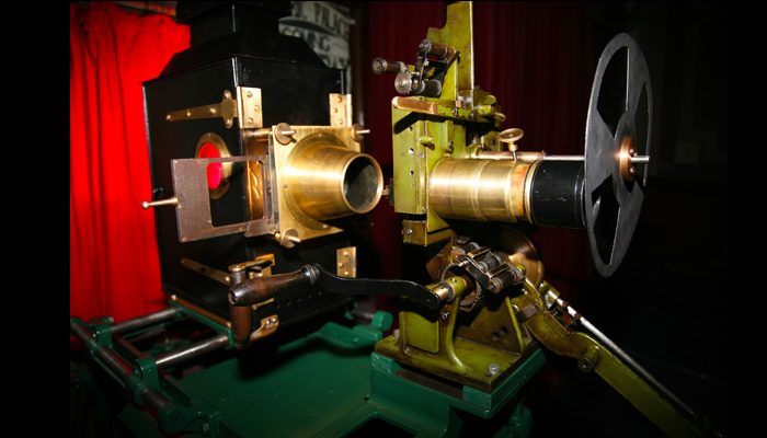 A hand turned projector of 1912 as seen in close up.