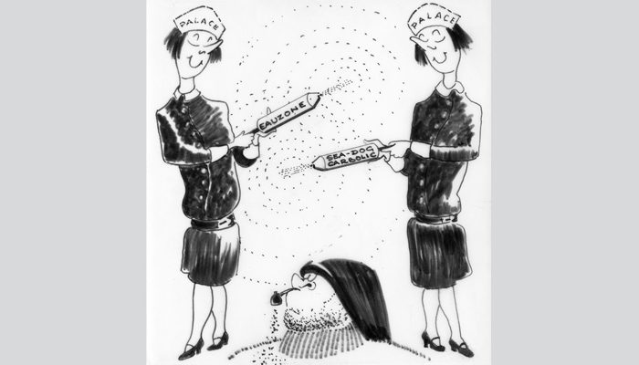 In the 1920s - at the front the fishermen sat and were said to be a bit smelly! So usherettes sprayed disinfectant against aromas and possibly nits; for romantic films perfume was sprayed.Cartoon by Marjorie Cornish